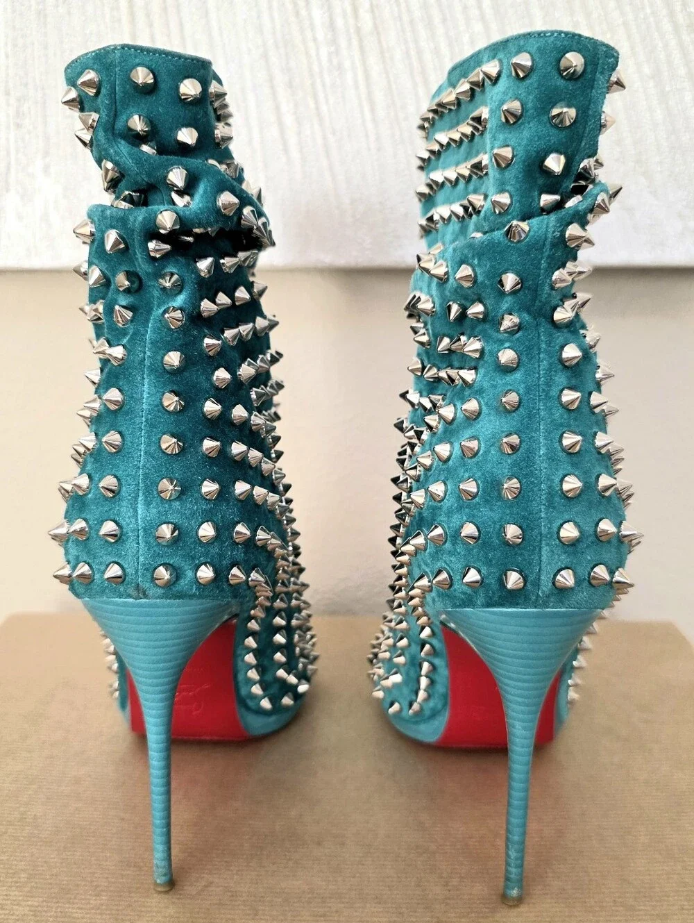 Christian Louboutin Aqua Suede Silver Spiked Open Toe Ankle Boots Size 38 US 7-9